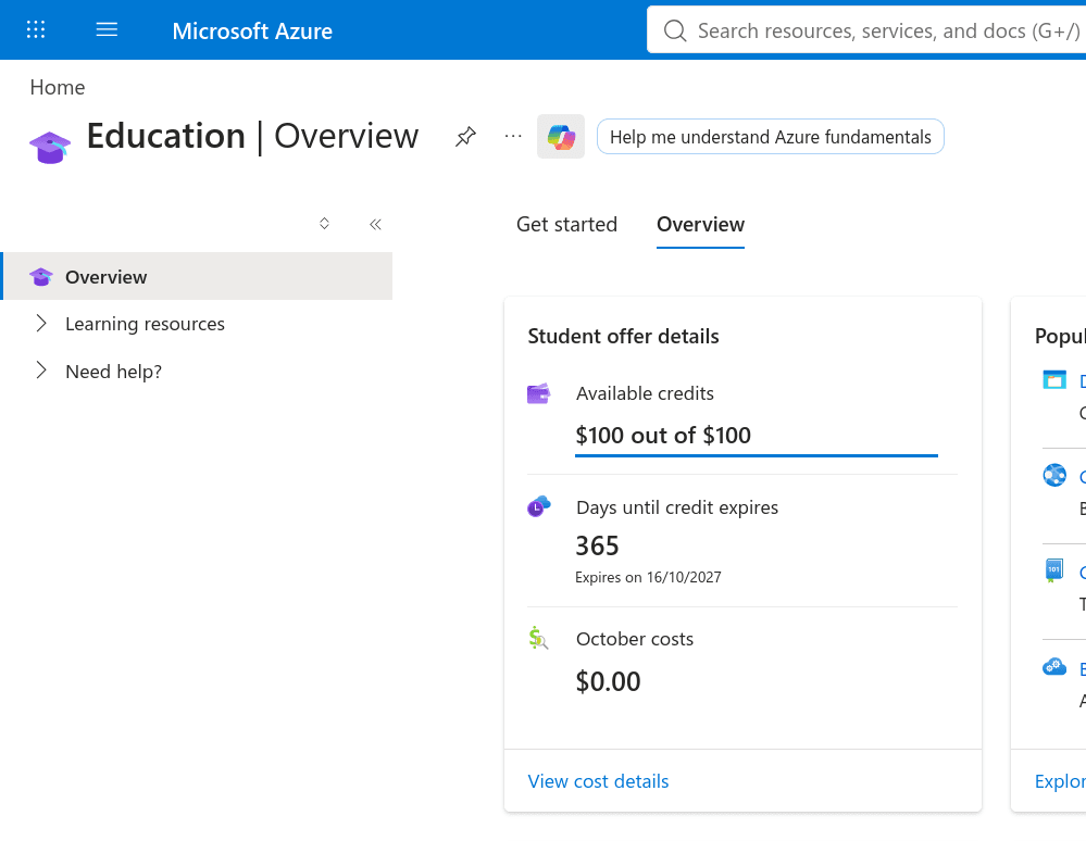 Azure for Students offer credits